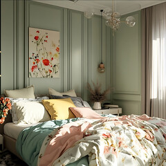 bedroom in pastel colors