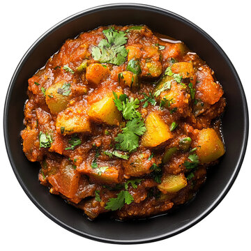 Homemade Indian spicy eggplant and potato curry also known as aloo Baingan ki sabji in hindi, served in kadhai or white bowl