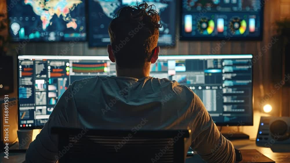 Poster A focused individual is engaged in data analysis, surrounded by several computer screens displaying intricate graphs and charts in a contemporary workspace.