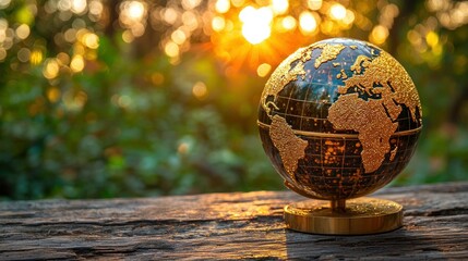 Globe on wood at sunset in forest, bokeh background.