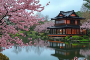 Fototapeta premium a serene depiction of a japanese garden characterized by delicate cherry blossoms a tranquil pond and a traditional pagoda radiating peace and harmony amidst natures beauty