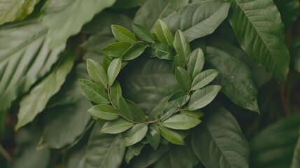 Fototapeta premium A circular arrangement of green leaves set against a backdrop of lush foliage, symbolizing nature and tranquility.