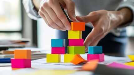 Colorful block tower construction, a person building with precision and focus person