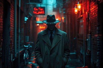 Obraz premium A CIA agent in disguise, meeting with informants in a clandestine location, such as a shadowy alley or a secluded caffe