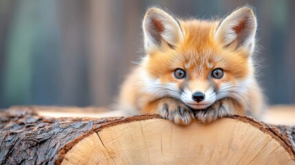 A playful fox cub rests on a log, showcasing its bright fur and curious expression in a serene forest setting.