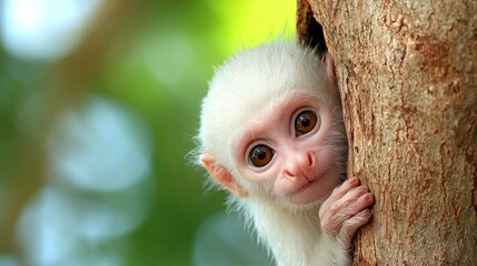 A curious white baby monkey peeks from behind a tree, showcasing its big eyes and soft fur against a blurred green background.
