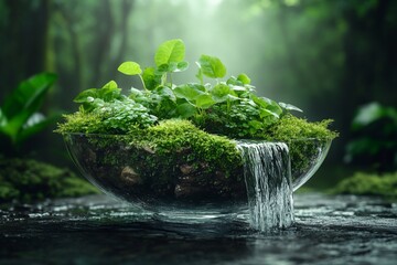 A glass terrarium filled with lush moss, tiny plants, and a miniature waterfall. Generative AI