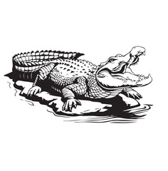 a black and white silhouette of a crocodile with white background