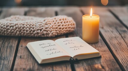Open journal with elegant handwriting next to a flickering candle, peaceful and focused, patience, calm, mindfulness
