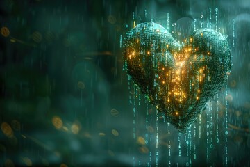 A conceptual image of a digital heart made of binary code 