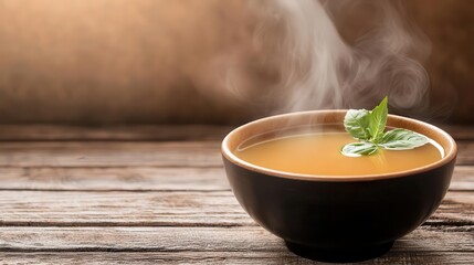Steaming bowl of miso soup placed delicately on a wooden table, exuding warmth and care, patience, calm, mindfulness