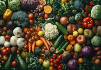 Colorful Assortment of Fresh Organic Vegetables and Fruits Arranged in a Rustic Style Ideal for Health, Cooking, and Culinary Illustrations