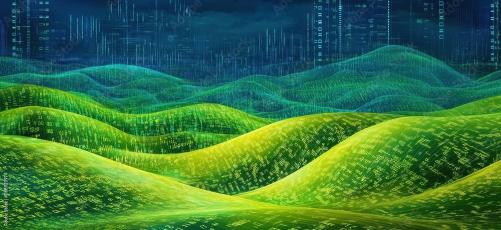 Poster digital landscape with rolling green hills covered in binary code, representing data and technology 