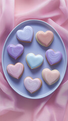 Delightful heart-shaped cookies arranged on a purple plate for a special occasion celebration