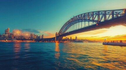 Obraz premium The Sydney Harbour Bridge and Opera House serve as a stunning backdrop for the vibrant fireworks display that illuminates the skies of Sydney, Australia on New Year's Eve