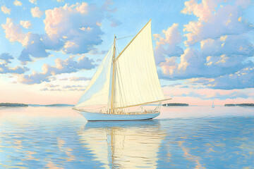 Fototapeta premium Sailboat gliding across calm waters at sunset with vibrant clouds reflecting on the surface