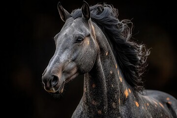 Obraz premium a striking dappled grey horse galloping gracefully against a solid black background showcasing its majestic form and powerful motion in a stunning contrast
