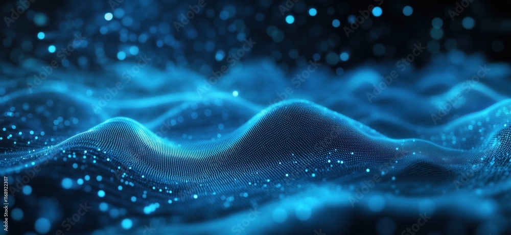 Poster abstract digital landscape with glowing blue waves and particles, representing data visualization an