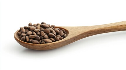 Obraz premium Toasted almonds exude an aromatic fragrance as they rest within a wooden spoon, isolated against a pristine white backdrop. 