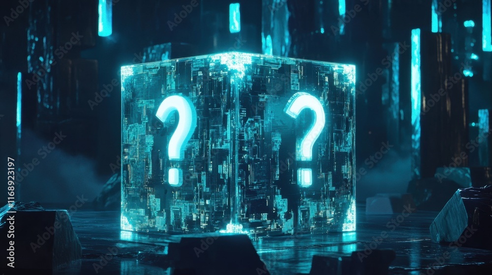 Poster mysterious digital cube with question marks in futuristic setting