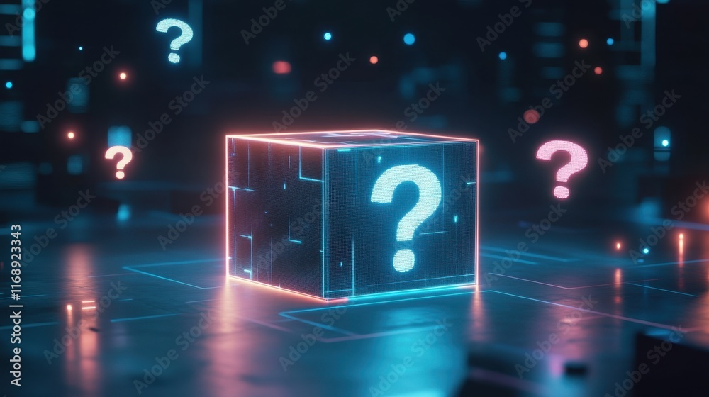 Poster futuristic digital cube with question marks in a tech environment