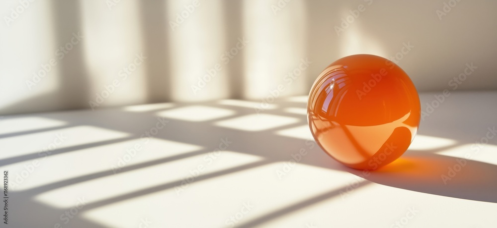 Poster orange spherical object casting shadows on white surface, showcasing light reflections and geometric