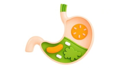 A colorful illustration of a stomach filled with various foods, emphasizing digestion and healthy eating.