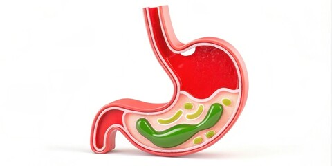 A colorful anatomical model of a human stomach, illustrating its inner structure and digestive features.