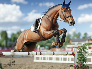 A dynamic shot of a horse jumping over an obstacle in an equestrian event, capturing the movement and arena details