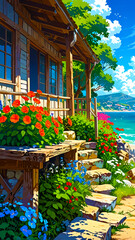 Charming Coastal Cottage Surrounded by Vibrant Summer Blooms and Scenic Views