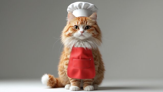 A cute and realistic ginger striped cat with soft and fluffy fur, wearing a bright red apron and a white chef's hat