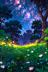 Starry Night Sky Over a Blooming Meadow and Dense Forest