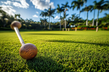 A high-definition capture of a croquet mallet striking a ball, with the lush green lawn and wickets in view