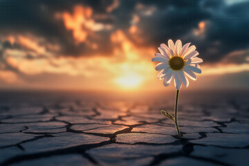 A daisy flower emerges from a crack in the dry asphalt, under a warm ray of sunshine through the cloudy sky. The contrast creates a powerful sense of resilience and hope.