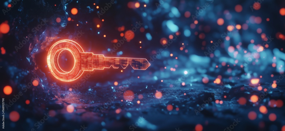 Poster glowing digital key illuminated in dark environment with vibrant particles, representing security an