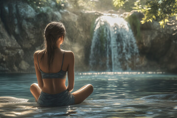 a joyful woman in her 40s sitting calmly beside a beautiful waterfall in a breathtaking river setting