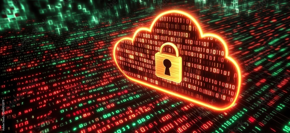 Poster cloud security concept with digital lock symbolizing data protection in cloud computing environment,
