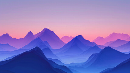 Silhouettes of mountains at dusk, their outlines fading into a gradient of purple and blue as the sun sets.