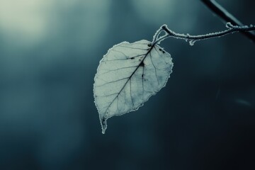 Obraz premium A single frosted leaf hangs on a branch in winter