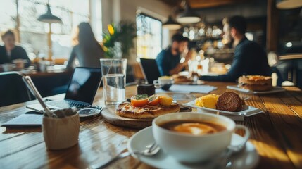 Cozy Cafe Scene with Breakfast Plates and Laptop on Table