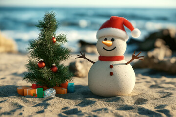 A snowman made of sand with a Christmas tree on the beach on New Year's Eve, against a sea background. The concept is to play and have fun during the winter holidays in a warm climate