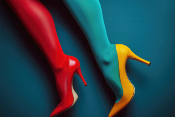 Close-up of legs in red and yellow high heels, turquoise tights, lying side by side against a dark background, minimalist design. High fashion, design, colour art