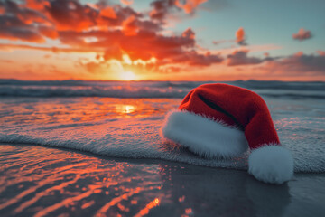 Photo of Santa Claus's hat on a tropical beach at sunset. Santa went on holiday in the heat after finishing his duties