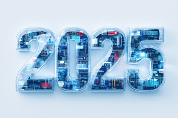 Written ‘2025’ in the context of advanced technology, electronic circuits and digital components. The concept wants to express the arrival of the new year 2025 in a context of strong digitisation