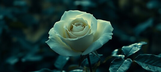 Solitary White Rose in Twilight Garden Elegant Bloom with Gentle Illumination and Magical Ambiance