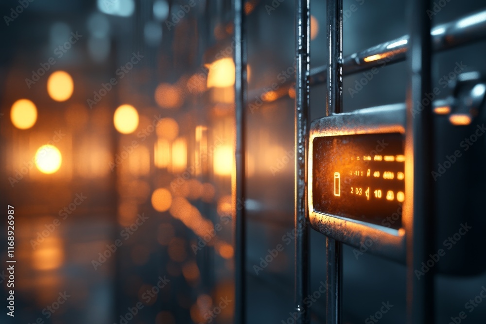 Aufkleber A 3D-rendered jail cell with a glowing keypad lock and a holographic display showing prisoner details