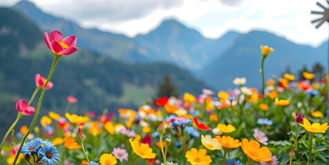 Fototapeta premium A flower meadow in mountains with the foreground sharp wildflower and a flower meadow behind that remains blurred.