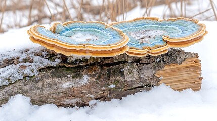 Fototapeta premium Blue Orange Shelf Fungi on Snow Covered Log in Winter