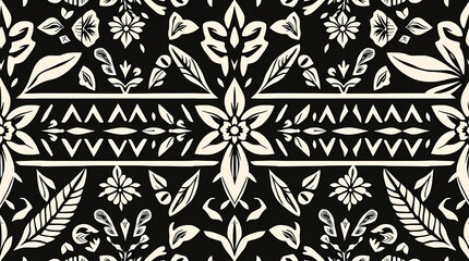 Fototapeta premium Black and White Floral Pattern: A mesmerizing black and white seamless pattern features intricate floral motifs, geometric elements, and a touch of tribal influence.