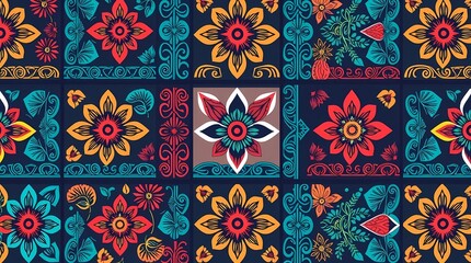 Vibrant Floral Patchwork: A rich and intricate pattern of colorful floral motifs, arranged in a patchwork design, exudes a sense of cultural heritage and artistic beauty.